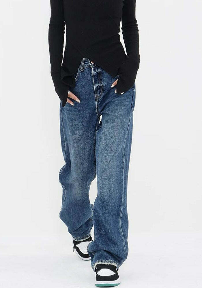 Y2K Fashion Patch Pocket Straight Leg Denim Jeans - 2000s Style Essential