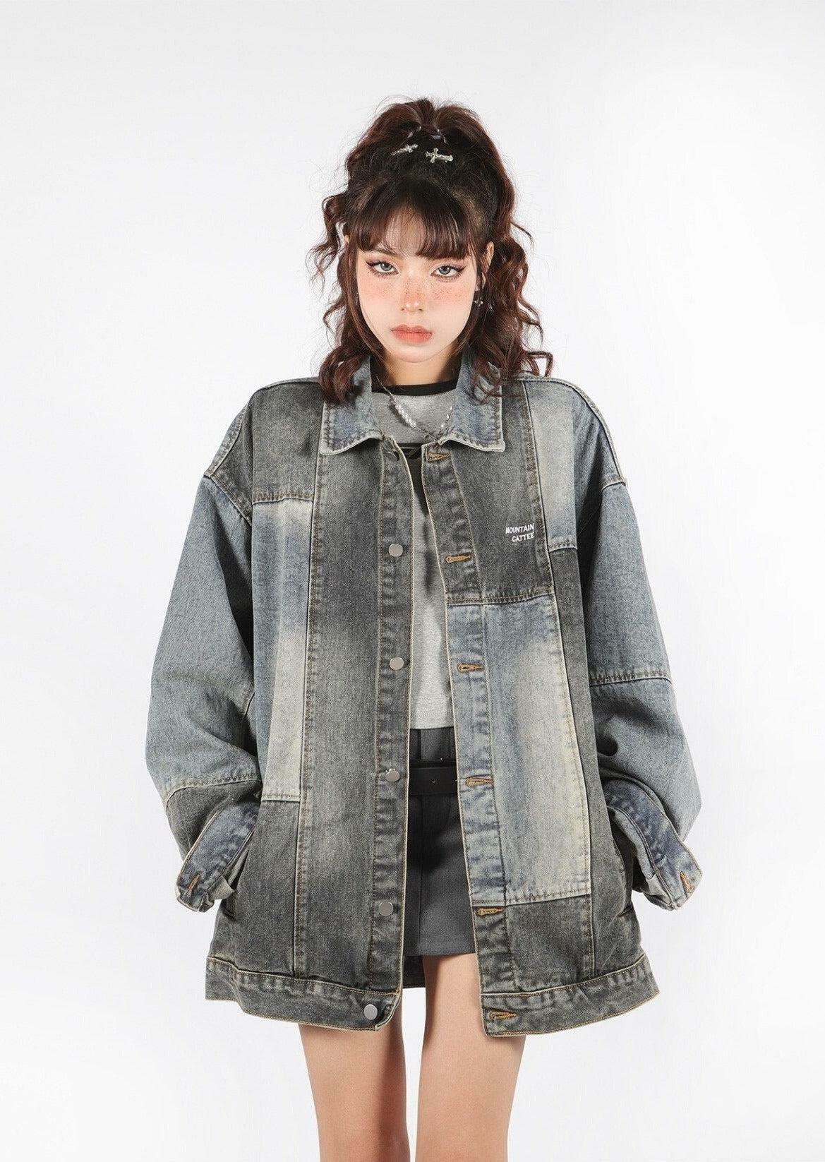 Y2K Fashion Patchwork Oversized Denim Jacket - 2000s Style Essential