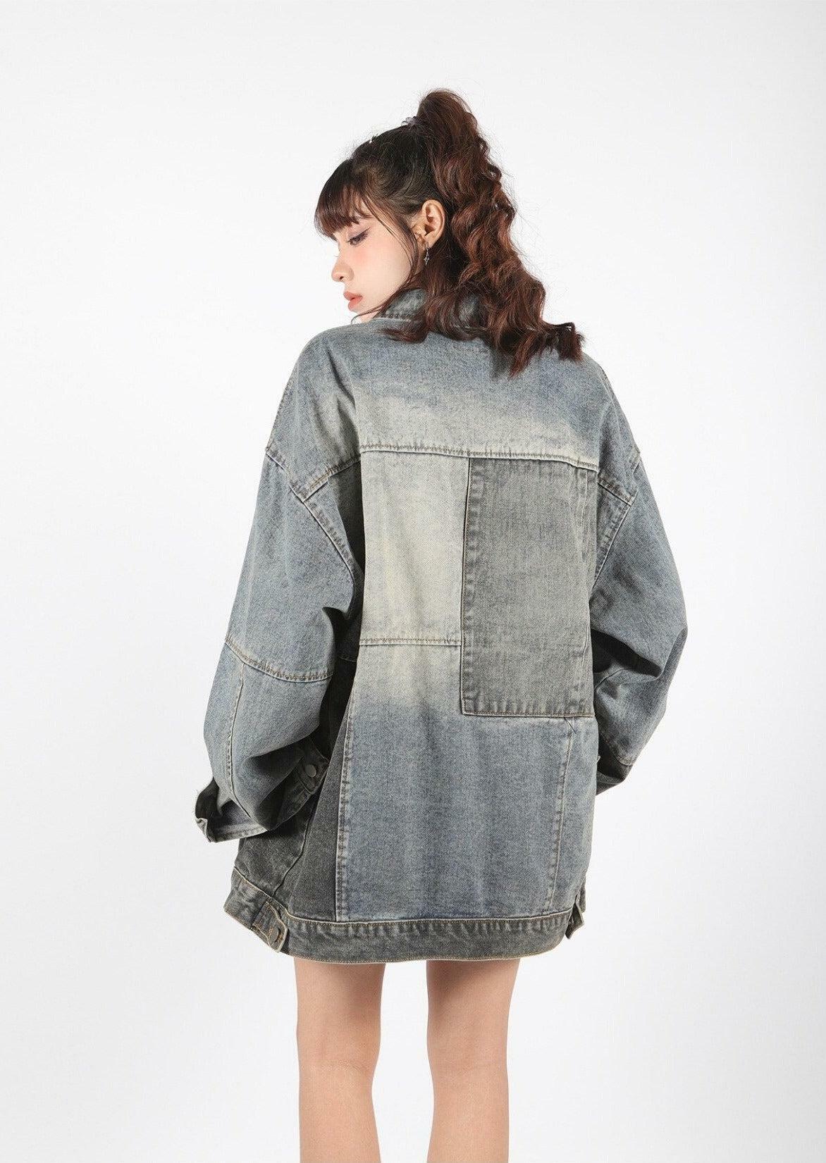 Y2K Fashion Patchwork Oversized Denim Jacket - 2000s Style Essential