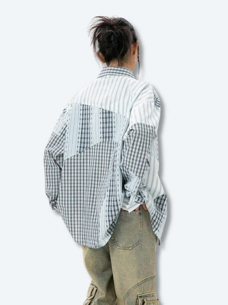 Y2K Fashion Patchwork Striped & Plaid Shirt - Trendy 2000s Style Top