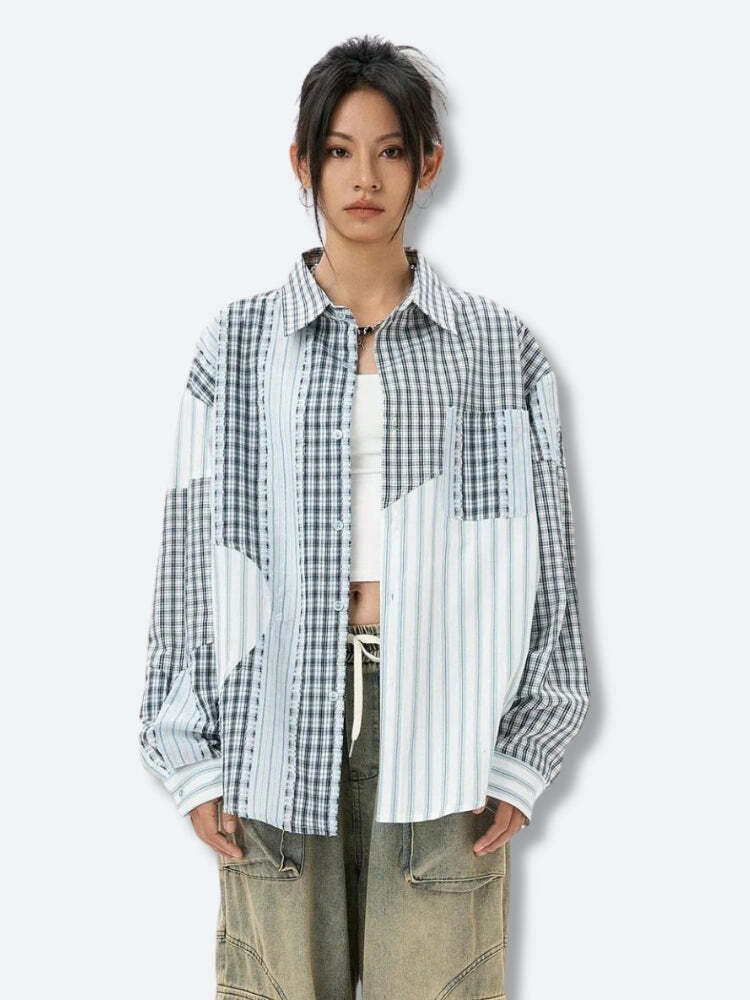 Y2K Fashion Patchwork Striped & Plaid Shirt - Trendy 2000s Style Top