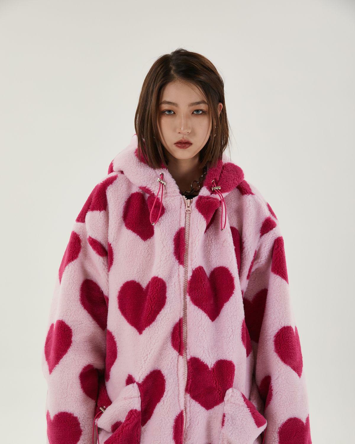 Y2K Fashion Pink Heart Pattern Hooded Jacket - Trendy 2000s Style Outerwear