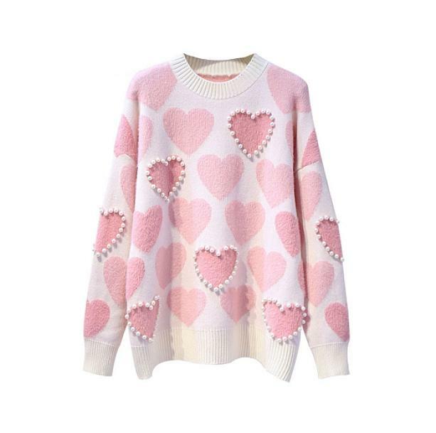 Y2K Fashion Pink Hearts Sweater - Trendy 2000s Style for Women