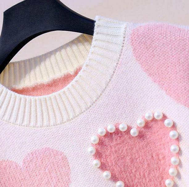 Y2K Fashion Pink Hearts Sweater - Trendy 2000s Style for Women