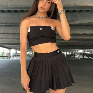 Y2K Fashion Pleated Black Mini Tennis Skirt - 2000s Style Essential