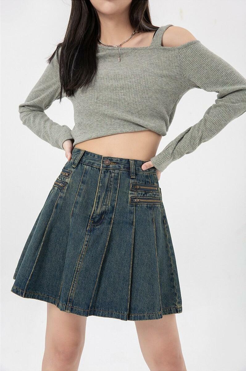 Y2K Fashion Pleated Denim Mini Skirt - 2000s Style Aesthetic Outfit