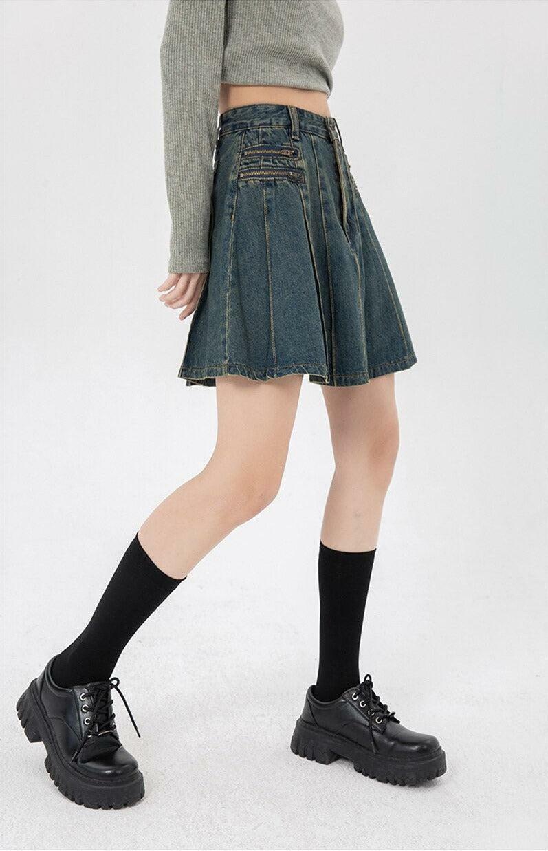 Y2K Fashion Pleated Denim Mini Skirt - 2000s Style Aesthetic Outfit