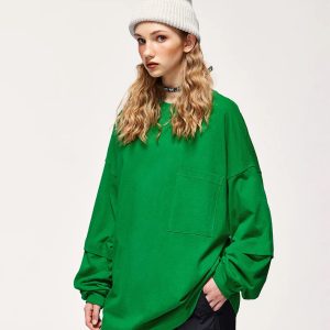 Y2K Fashion Pocket Layered Sleeve Basic Sweatshirt - 2000s Style Essential