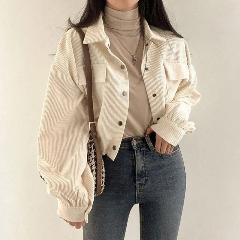 Y2K Fashion Puff Sleeved Corduroy Crop Shirt - 2000s Style Top