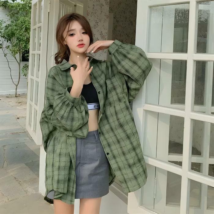 Y2K Fashion Puff Sleeved Plaid Shirt - Trendy 2000s Style Top