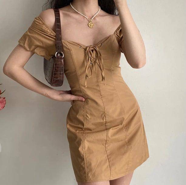 Y2K Fashion Puffy Sleeves Brown Mini Dress - 2000s Style Aesthetic