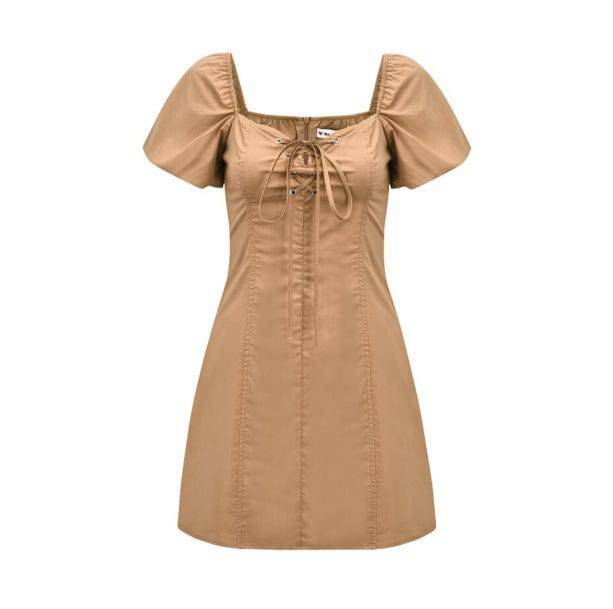 Y2K Fashion Puffy Sleeves Brown Mini Dress - 2000s Style Aesthetic