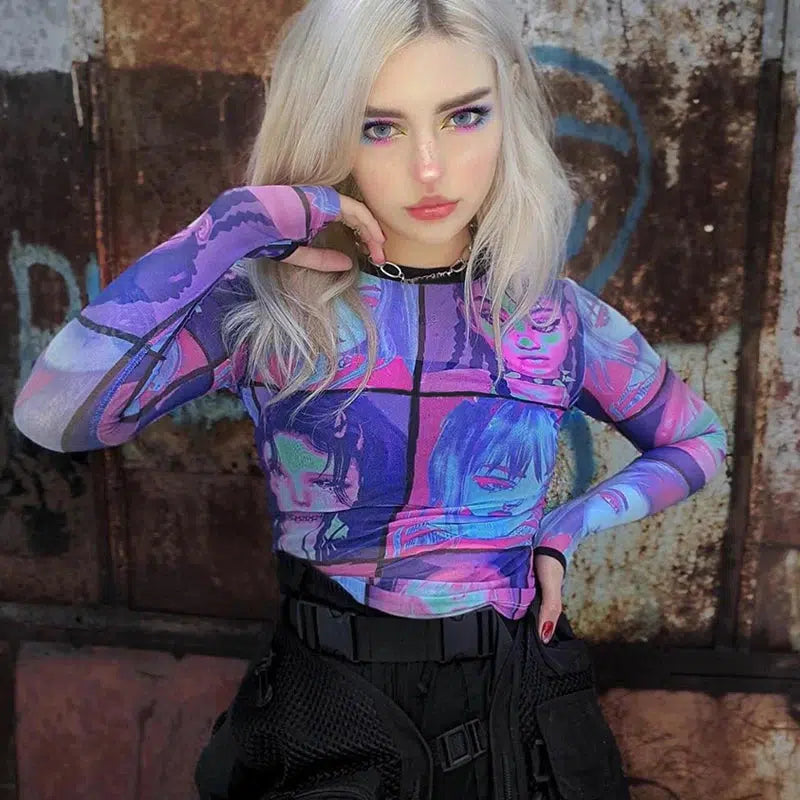 Y2K Fashion Punk Girls Mesh Top - Trendy 2000s Style Aesthetic