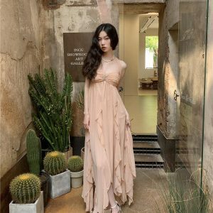 Y2K Fashion Pure Backless Chiffon Midi Dress - 2000s Style Essential