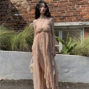 Y2K Fashion Pure Backless Chiffon Midi Dress - 2000s Style Essential