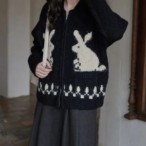 Y2K Fashion Rabbit Knitted Zip Cardigan - Trendy 2000s Style Outerwear