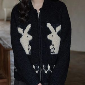 Y2K Fashion Rabbit Knitted Zip Cardigan - Trendy 2000s Style Outerwear