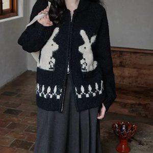 Y2K Fashion Rabbit Knitted Zip Cardigan - Trendy 2000s Style Outerwear