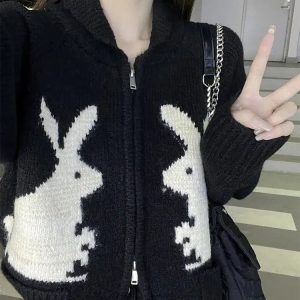 Y2K Fashion Rabbit Knitted Zip Cardigan - Trendy 2000s Style Outerwear