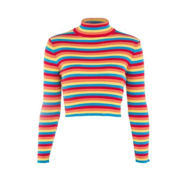 Y2K Fashion Rainbow Turtleneck Sweater - 2000s Style Aesthetic Top