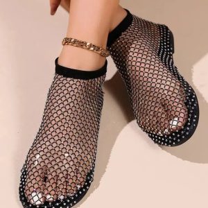 Y2K Fashion Rhinestone Fishnet Ballerina Flats - Trendy 2000s Style