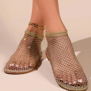 Y2K Fashion Rhinestone Fishnet Ballerina Flats - Trendy 2000s Style