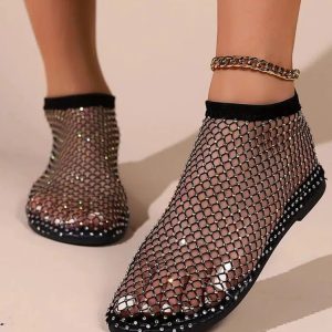 Y2K Fashion Rhinestone Fishnet Ballerina Flats - Trendy 2000s Style