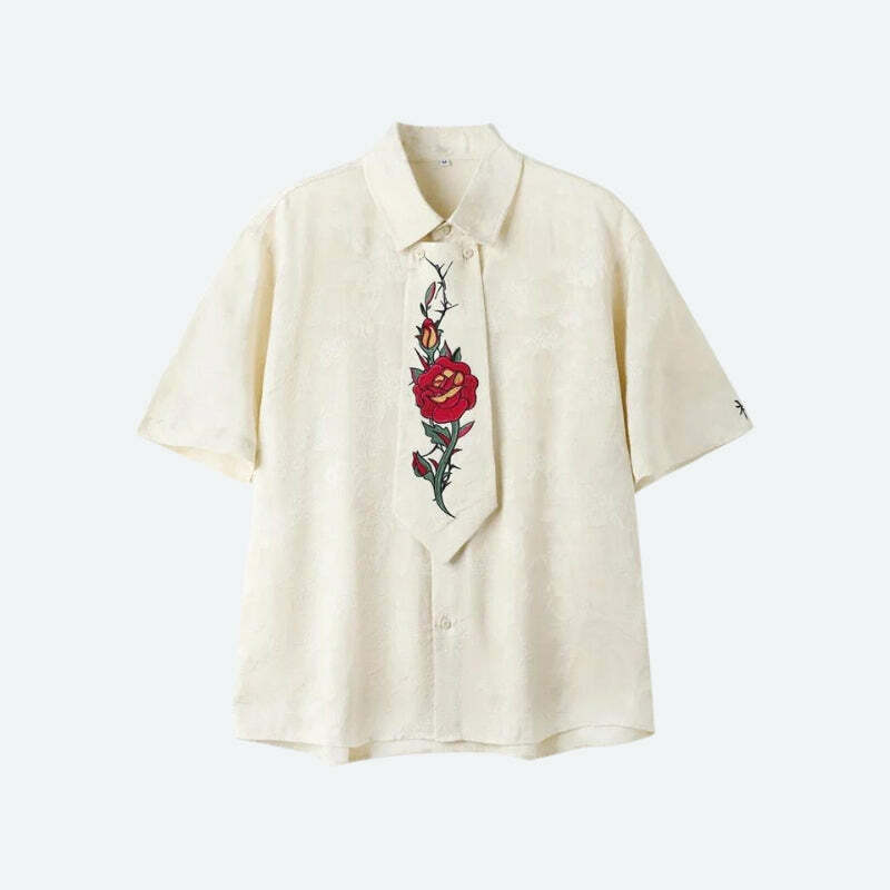 Y2K Fashion Rose Embroidery Tie Shirt - Trendy 2000s Style Top