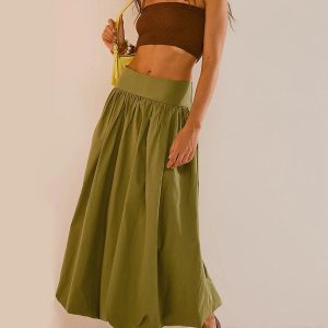 Y2K Fashion Ruched Bubble Hem Midi Skirt - Trendy 2000s Style Outfit