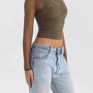 Y2K Fashion Ruched Sheer Zip-Up Mesh Top - Trendy 2000s Style