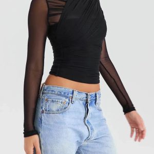 Y2K Fashion Ruched Sheer Zip-Up Mesh Top - Trendy 2000s Style