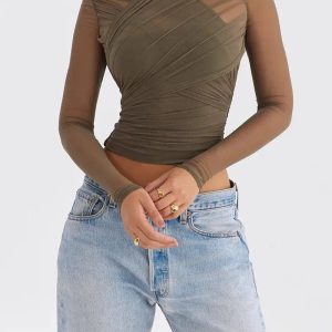 Y2K Fashion Ruched Sheer Zip-Up Mesh Top - Trendy 2000s Style