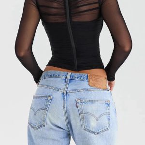 Y2K Fashion Ruched Sheer Zip-Up Mesh Top - Trendy 2000s Style