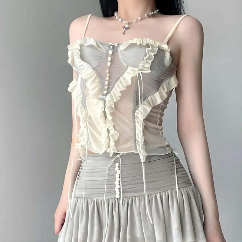 Y2K Fashion Ruffled Mesh Corset Top - 2000s Style Aesthetic Clothing