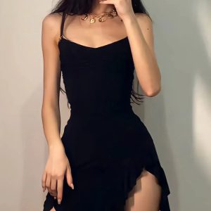 Y2K Fashion Ruffled Slit Bodycon Mini Dress - Trendy 2000s Style