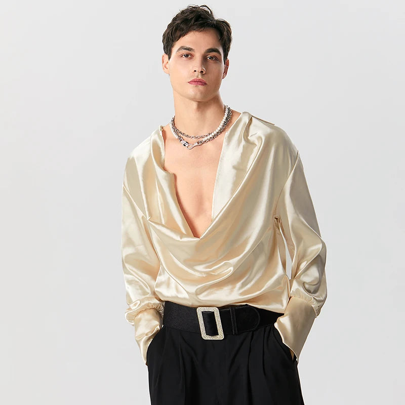 Y2K Fashion Satin Cowl Neck Shirt - Trendy 2000s Style Top