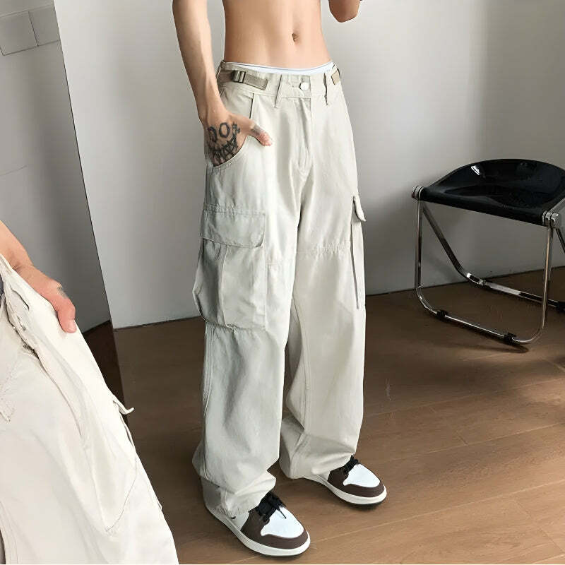 Y2K Fashion Side Belt Detailed Baggy Cargo Pants - 2000s Style Essential