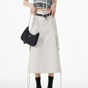 Y2K Fashion Slit & String Detailed Cargo Midi Skirt - 2000s Style