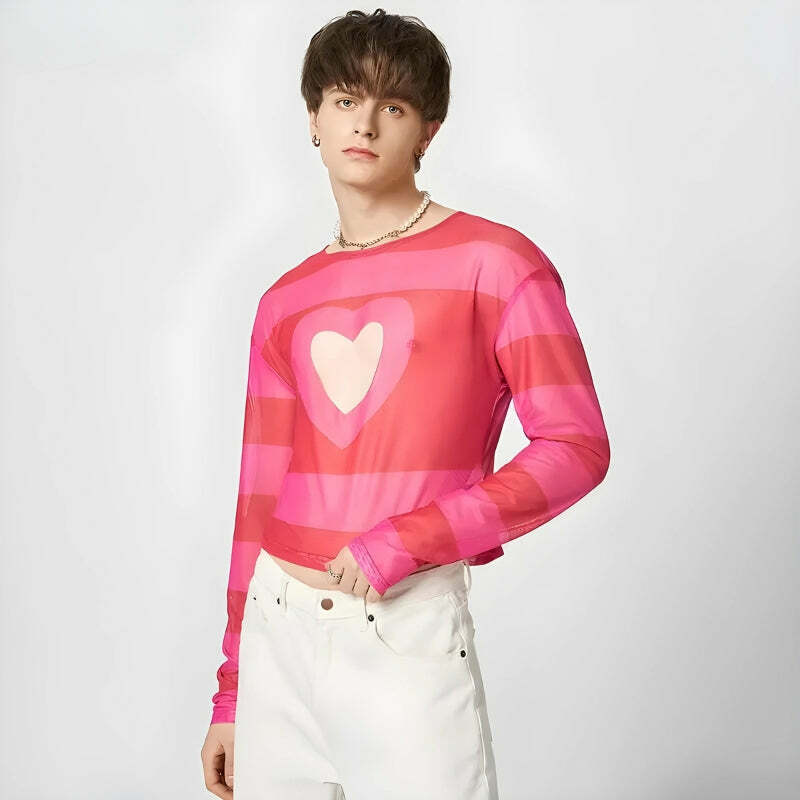 Y2K Fashion Soft Boy Heart Cut Out Crop Top - 2000s Style Aesthetic