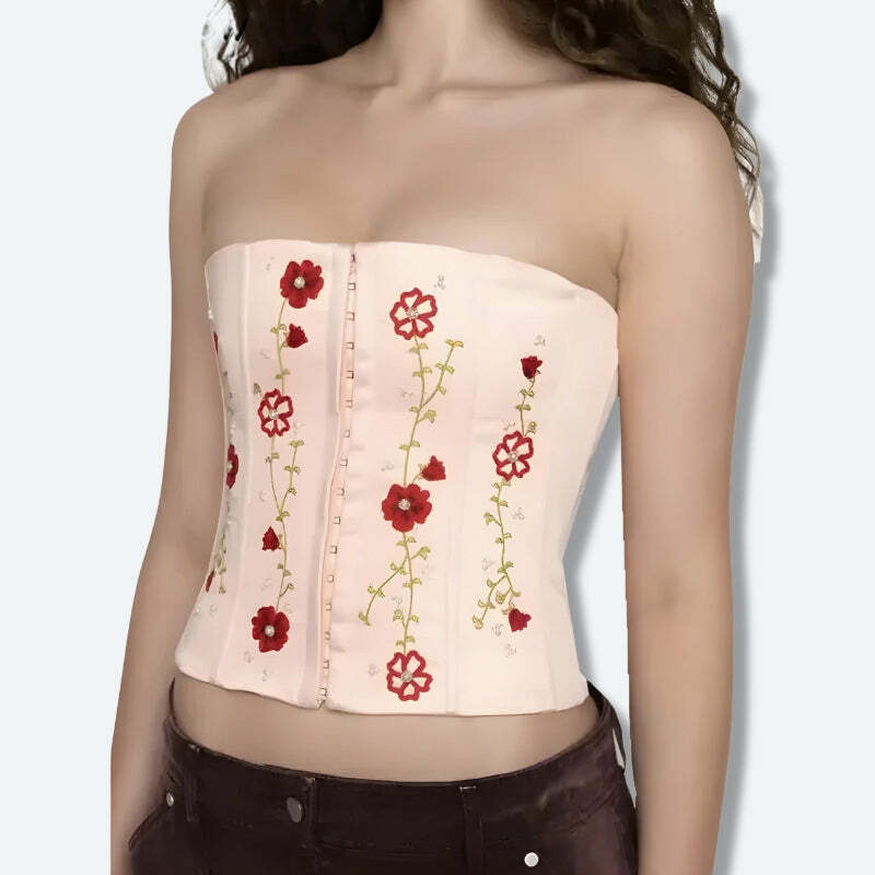 Y2K Fashion Soft Girl Embroidered Beaded Corset Top - 2000s Style