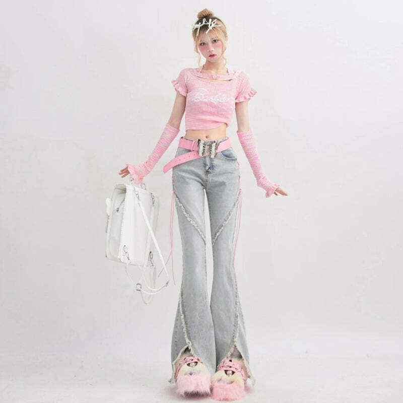 Y2K Fashion Soft Girl Lace-Up Slit Flare Jeans - Trendy 2000s Style