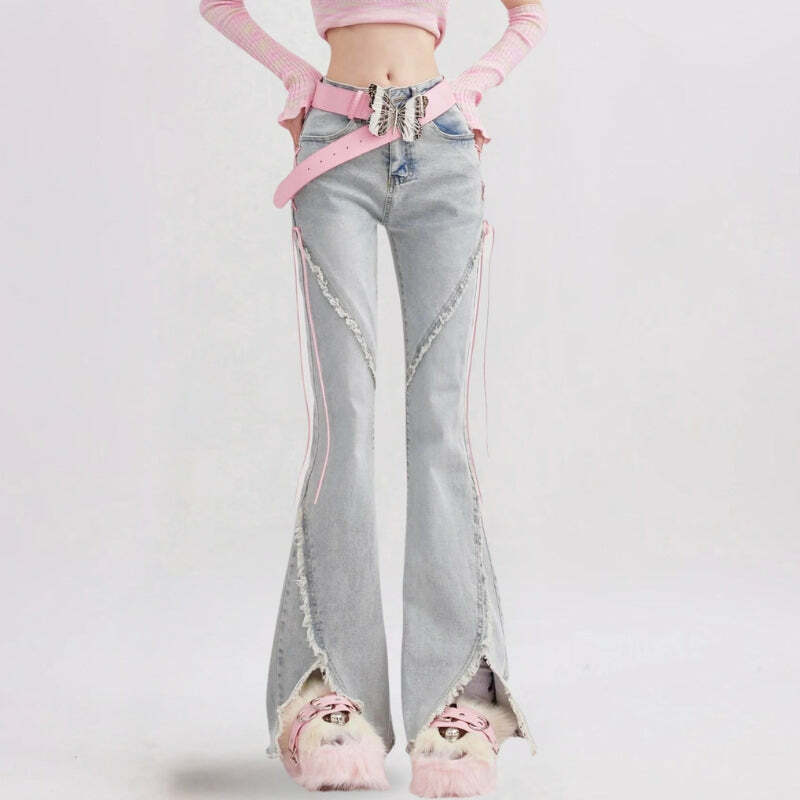 Y2K Fashion Soft Girl Lace-Up Slit Flare Jeans - Trendy 2000s Style