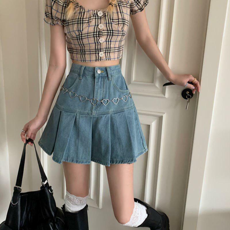 Y2K Fashion Soft Girl Pleated Denim Mini Skirt - 2000s Style Essential