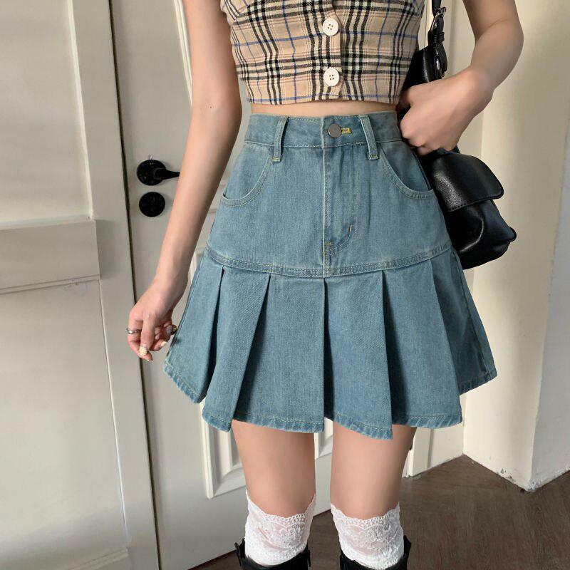 Y2K Fashion Soft Girl Pleated Denim Mini Skirt - 2000s Style Essential