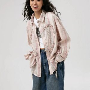 Y2K Fashion Soft Girl Ruffled Heart Shirt - 2000s Aesthetic Top