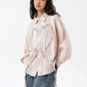 Y2K Fashion Soft Girl Ruffled Heart Shirt - 2000s Aesthetic Top