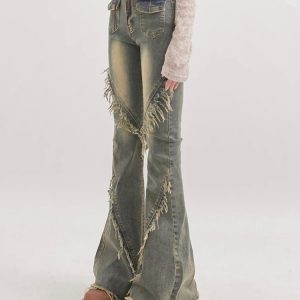 Y2K Fashion Soft Grunge Tasseled Flare Jeans - 2000s Style Statement