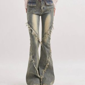 Y2K Fashion Soft Grunge Tasseled Flare Jeans - 2000s Style Statement