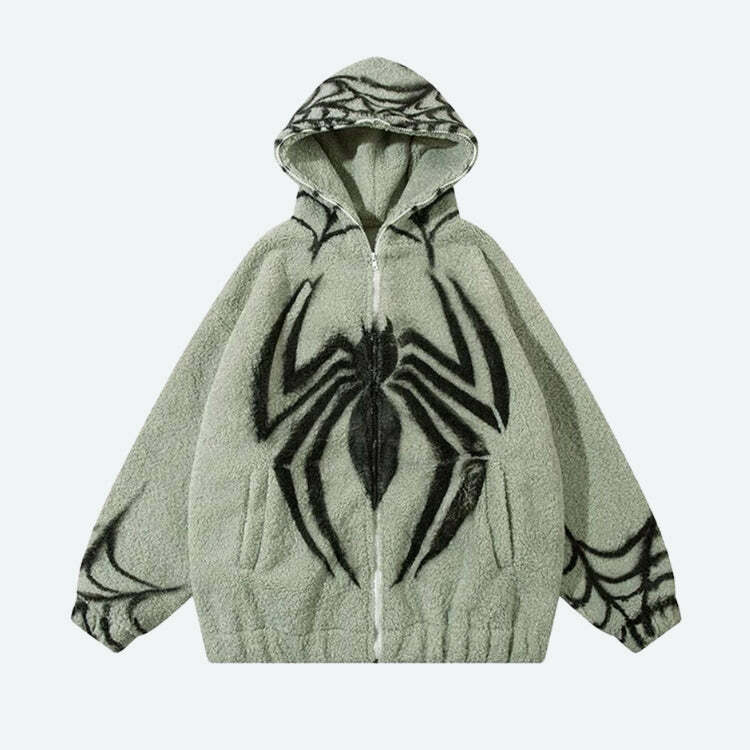 Y2K Fashion Spider Full Zip-Up Teddy Hoodie Jacket - 2000s Style Essential