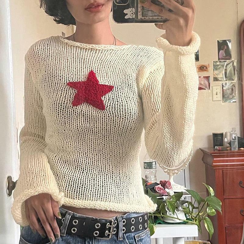 Y2K Fashion Star Embroidery Knitted Top - Trendy 2000s Style Essential